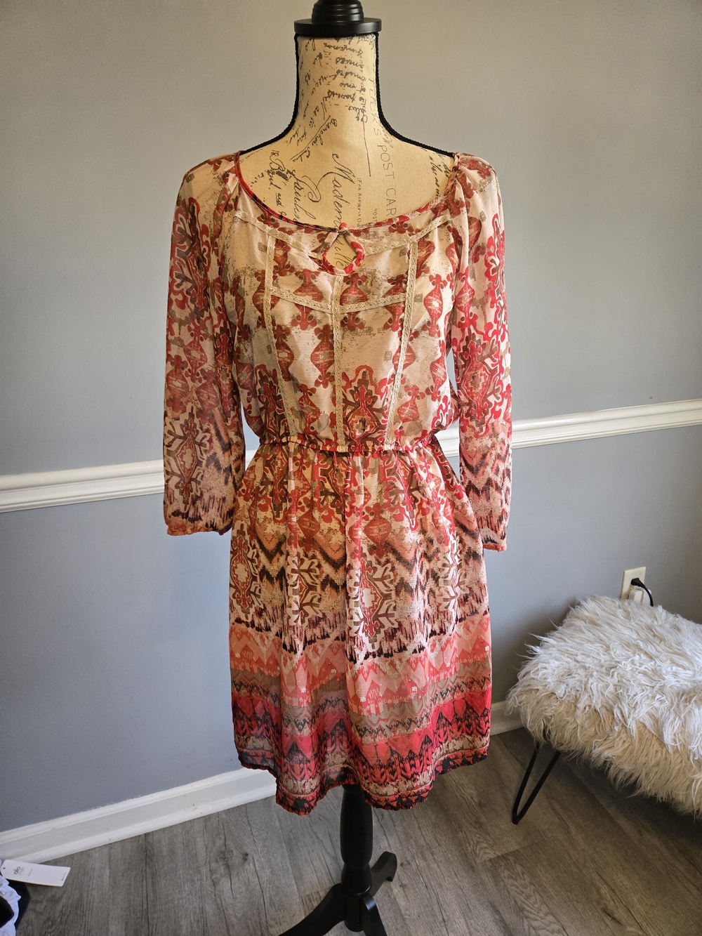 Sheer Patterned Pink Boho Women’s Dress